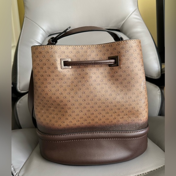 Calvin Klein Coated Canvas w/Leather Bucket CrossbodyBag, Brown/Tan Color - Picture 3 of 13